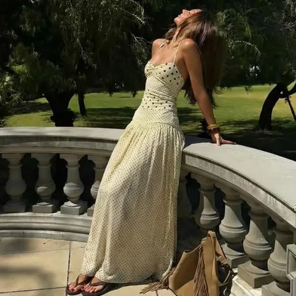Design Polka Dot Wrap Maxi Dress Beige - 13