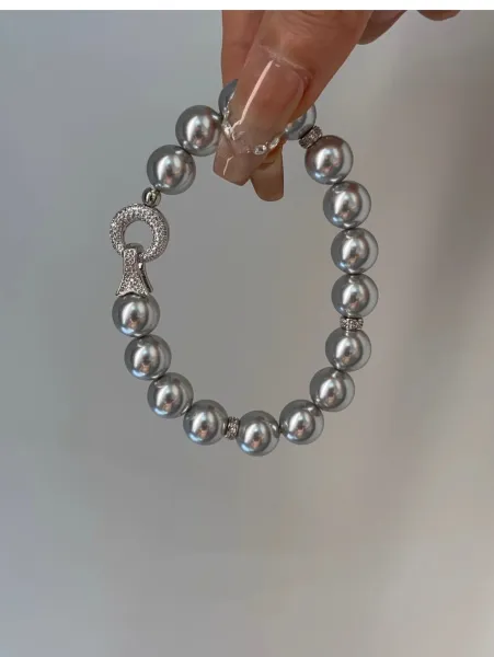Design Pearl Bead Bracelet with Crystal Clasp Silver Gray Bracelet Jewelry - 3