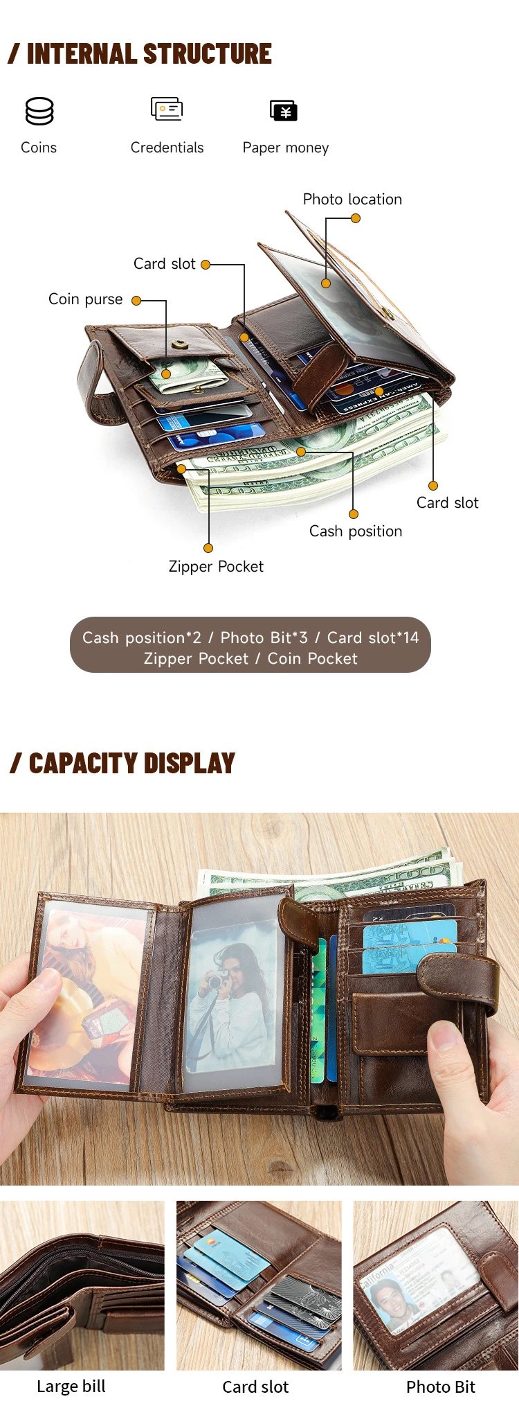 Design Classic Snap Closure Brown Leather Short Wallet - 4