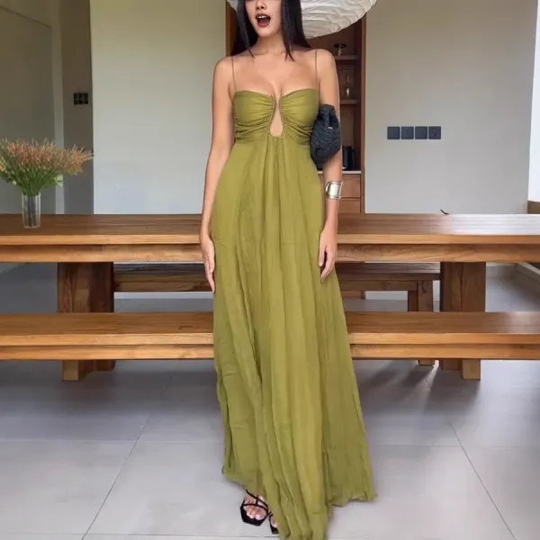 Design Olive Green Ruched Keyhole Maxi Dress - 4