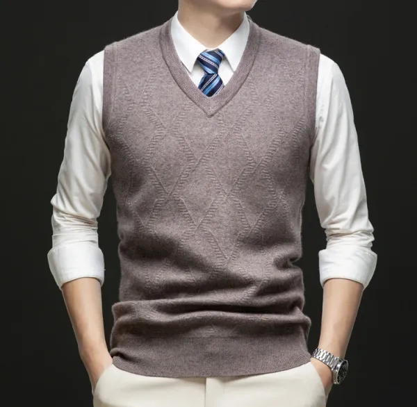 Design V-Neck Knit Vest Navy Blue Vest Top - 68