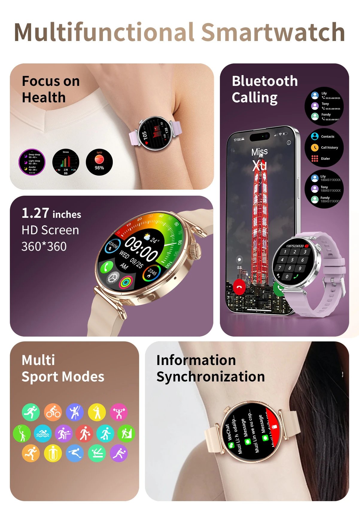 Design CW6 Mini Smart Watch Pink Beige Strap Smartwatch - 27