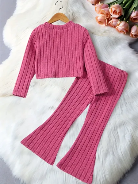Design Ribbed Knit Crop Top and Flare Pants Set Pink - 3