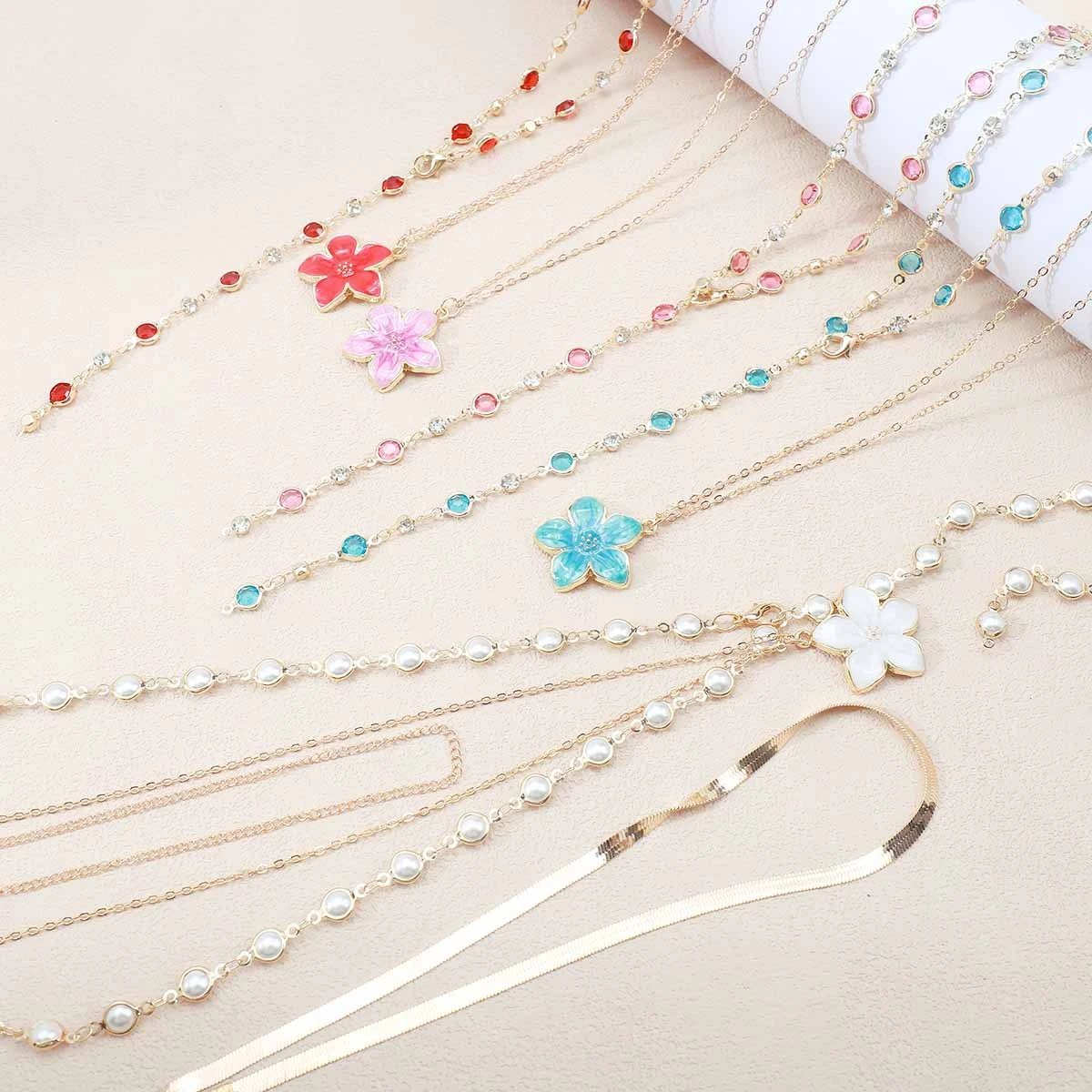 Gold Tone Turquoise Flower Layered Choker Necklace