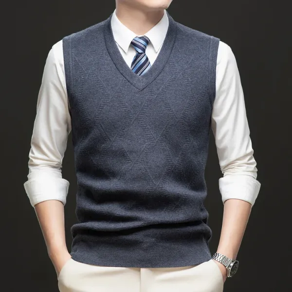 Design V-Neck Knit Vest Navy Blue Vest Top - 84