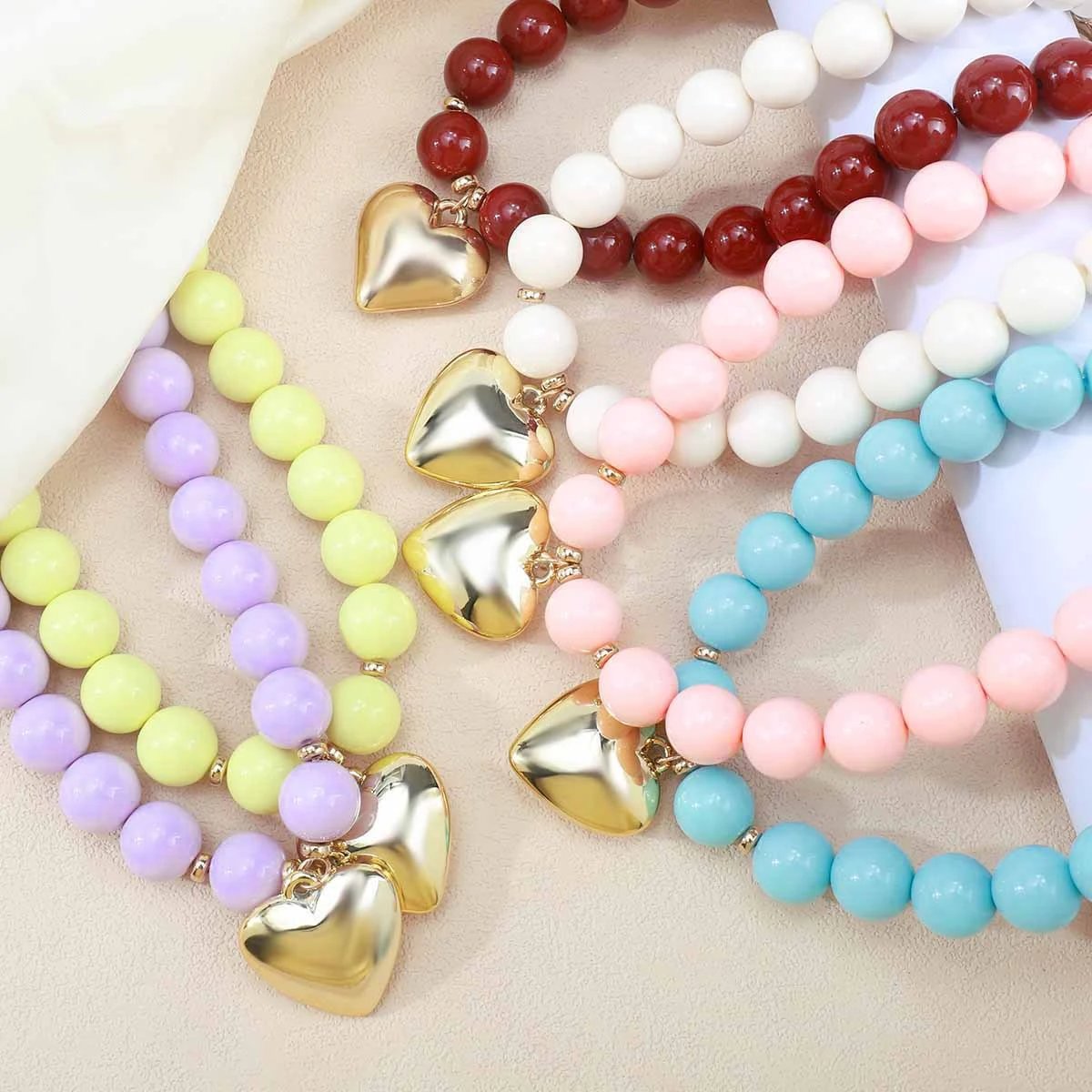 Design Heart Charm Bracelet Lilac Beaded Stretch Bracelet Jewelry - 32