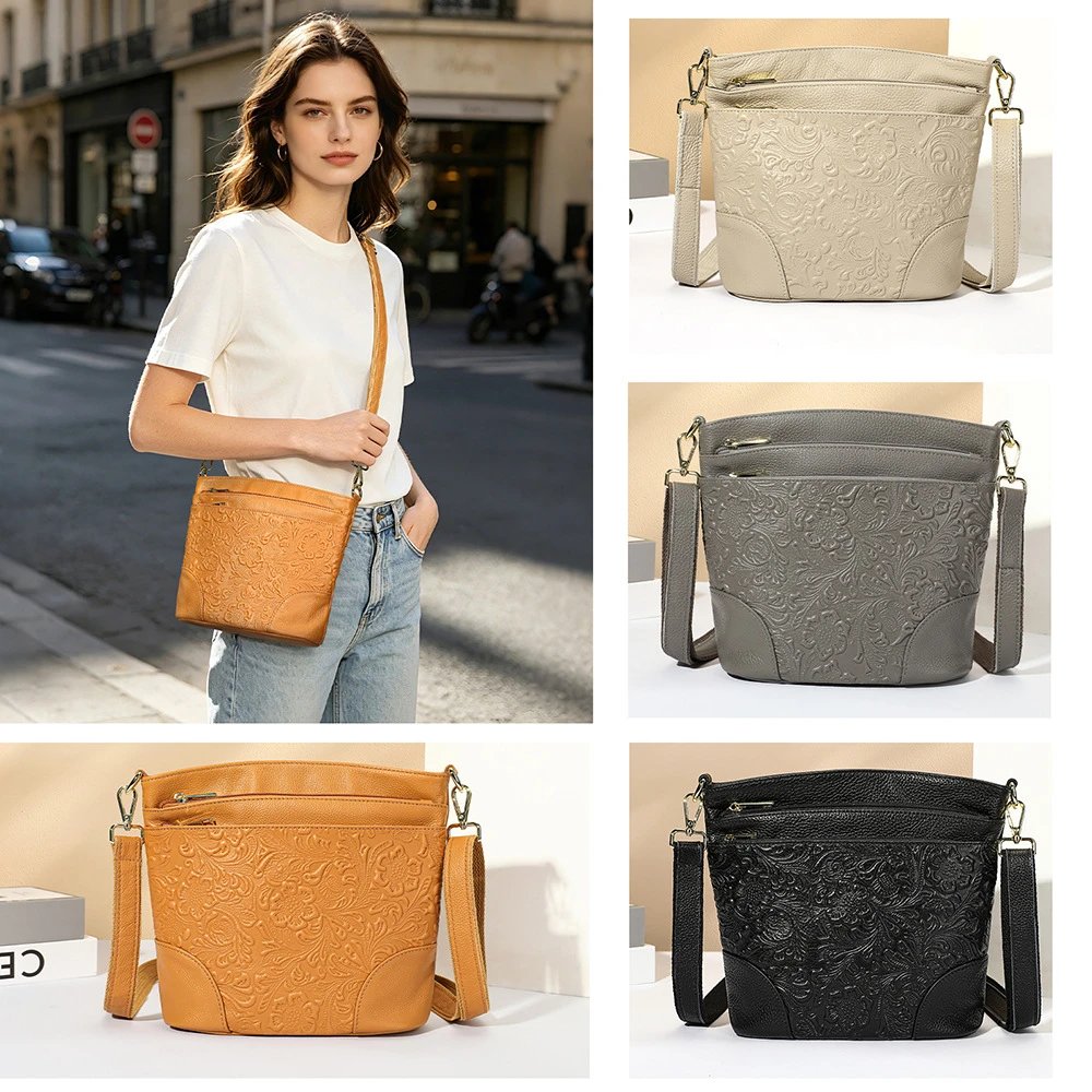 跨境时尚压花真皮女士单肩包头层牛皮通勤斜挎包女shoulder bag