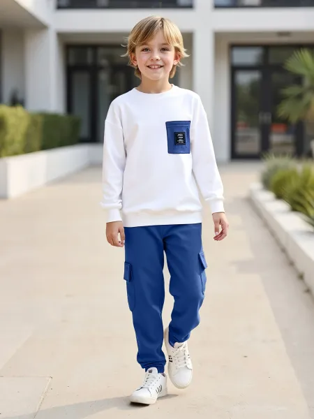 Design Oversized Pocket Sweatshirt and Cargo Pants Set in White and Army Green Casual Set - 16