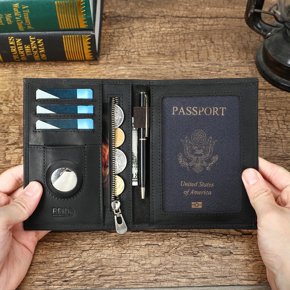 RFID-Protected Travel Wallet Black Leather Passport Holder