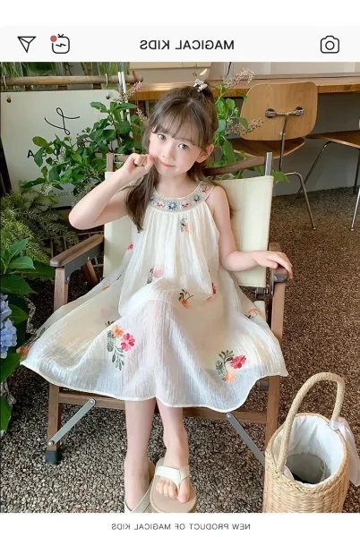 Design Floral Embroidered Linen Dress White Kids - 4