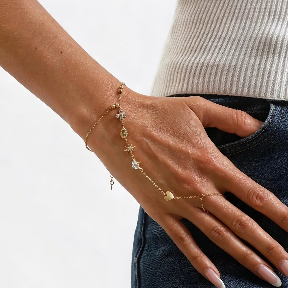 ZB0460 Cross-border Fashion Light Luxury Stainless Steel Diamond-studded Linked Bracelet Exaggerated Layered Metal Bangle Accessory