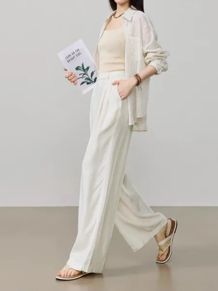 Design Wide-Leg Linen Blend Trousers Beige Pants - 15