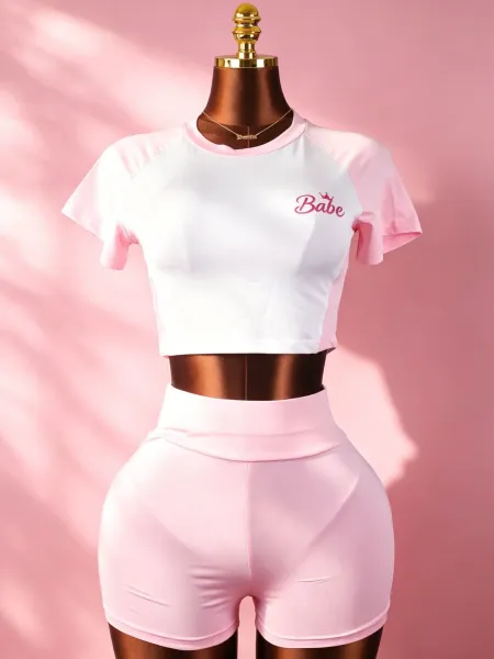 Design Babe Logo Crop Top and Glitter Shorts Set Pink Sets - 6