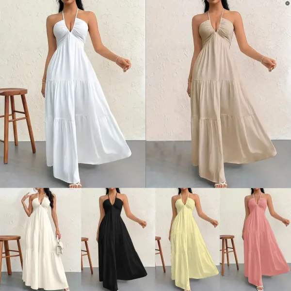 Design Halter Neck Tiered Maxi Dress Pale Yellow - 3