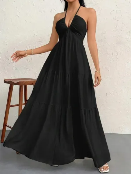 Design Halter Neck Tiered Maxi Dress Pale Yellow - 5