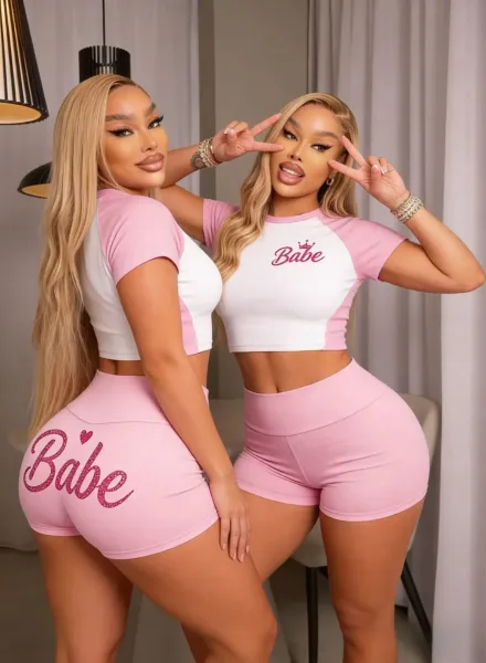Design Babe Logo Crop Top and Glitter Shorts Set Pink Sets - 10