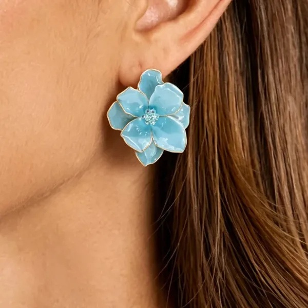 Design Floral Enamel Stud Earrings White with Black Crystal Center Jewelry - 8