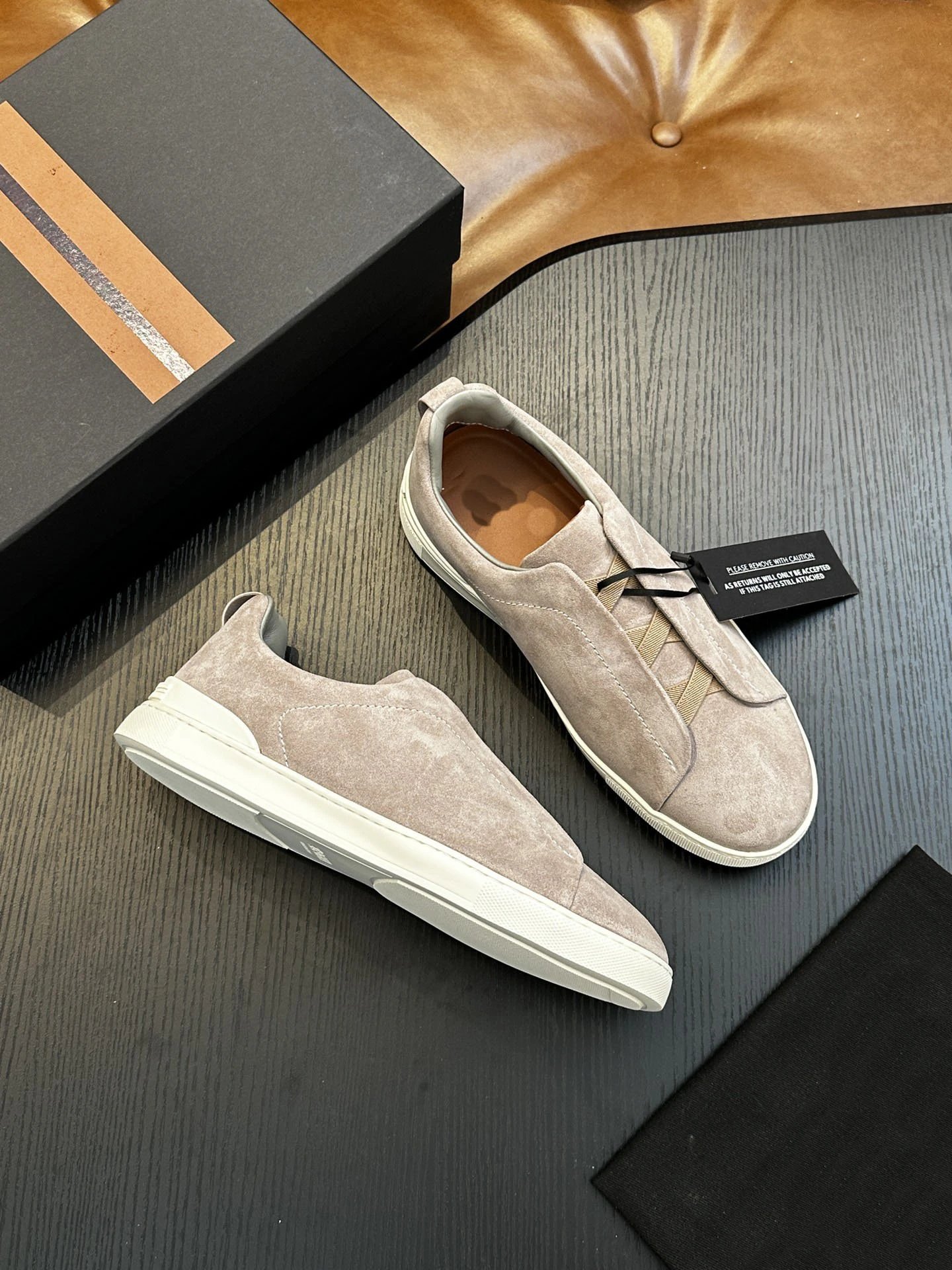 Thom Browne Suede Slip-On Loafers Beige White Casual Shoes - 6