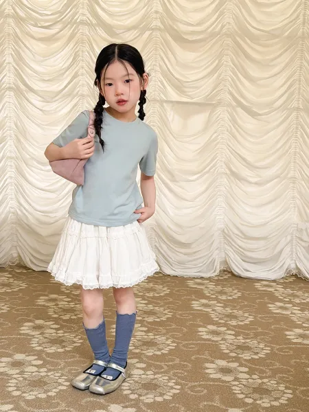 Design Short Sleeve T-Shirt in Sage Green with Tiered Lace Skirt Set - 28