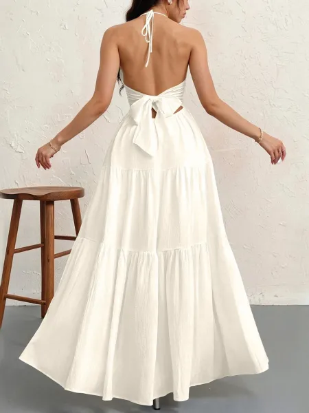 Design Halter Neck Tiered Maxi Dress Pale Yellow - 19