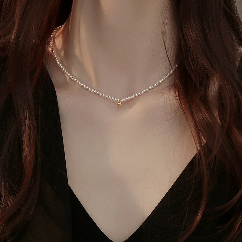 Pearl Choker Necklace with Gold Bead Accent Jewelry