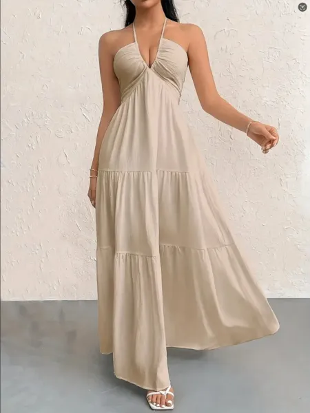Design Halter Neck Tiered Maxi Dress Pale Yellow - 20