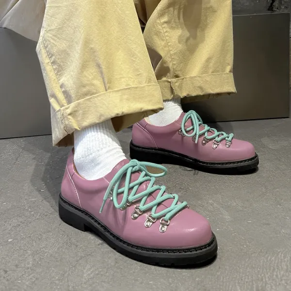 Design Pink Patent Leather Hiking-Style Derby Shoes with Mint Lace - 1