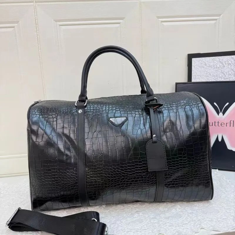 Prada Re-Nylon Crocodile-Embossed Duffle Bag Black