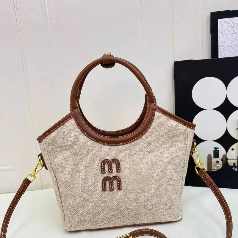 Miu Miu Mini Circle Handle Tote Beige Canvas Handbag