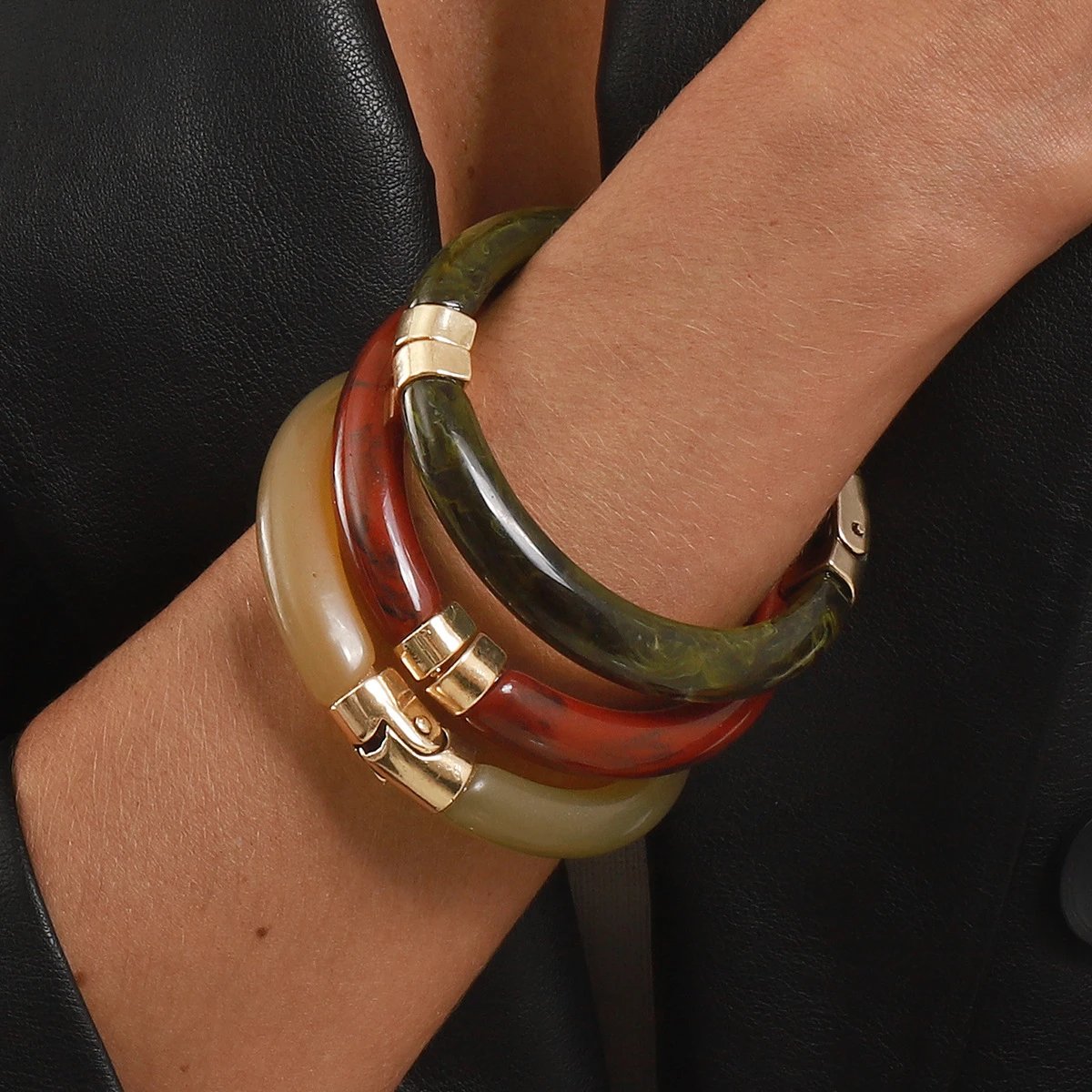 Resin Bangle Set Multicolor Gold-Tone Stackable Bracelets