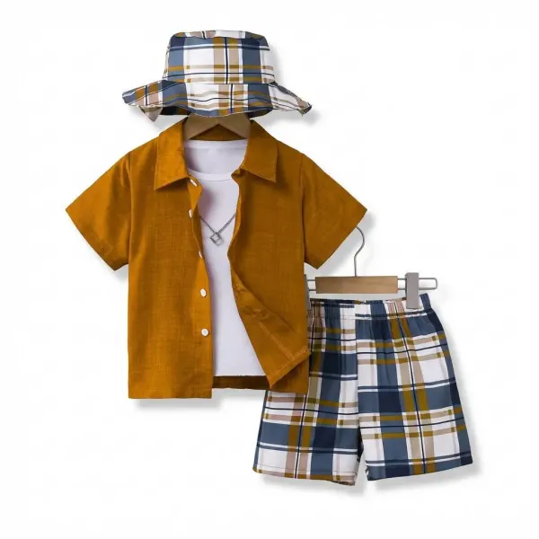 Design Plaid Bucket Hat and Mustard Shirt Set with Matching Shorts - 4