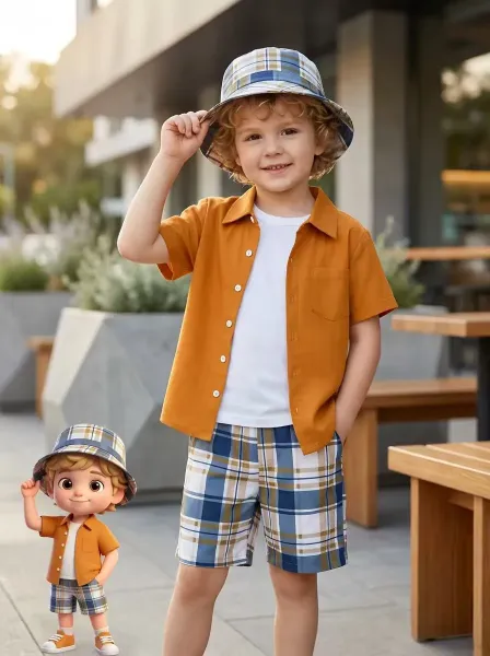 Design Plaid Bucket Hat and Mustard Shirt Set with Matching Shorts - 9