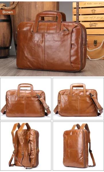 Design Convertible Leather Briefcase Backpack Brown - 9