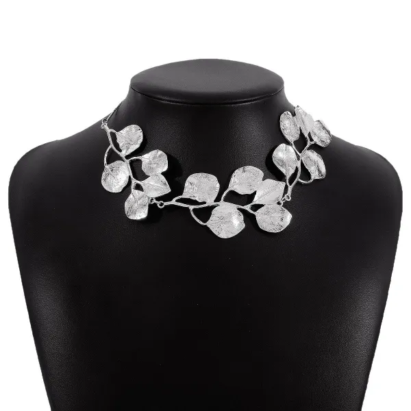 Design Leaf Motif Silver Statement Necklace Jewelry - 1