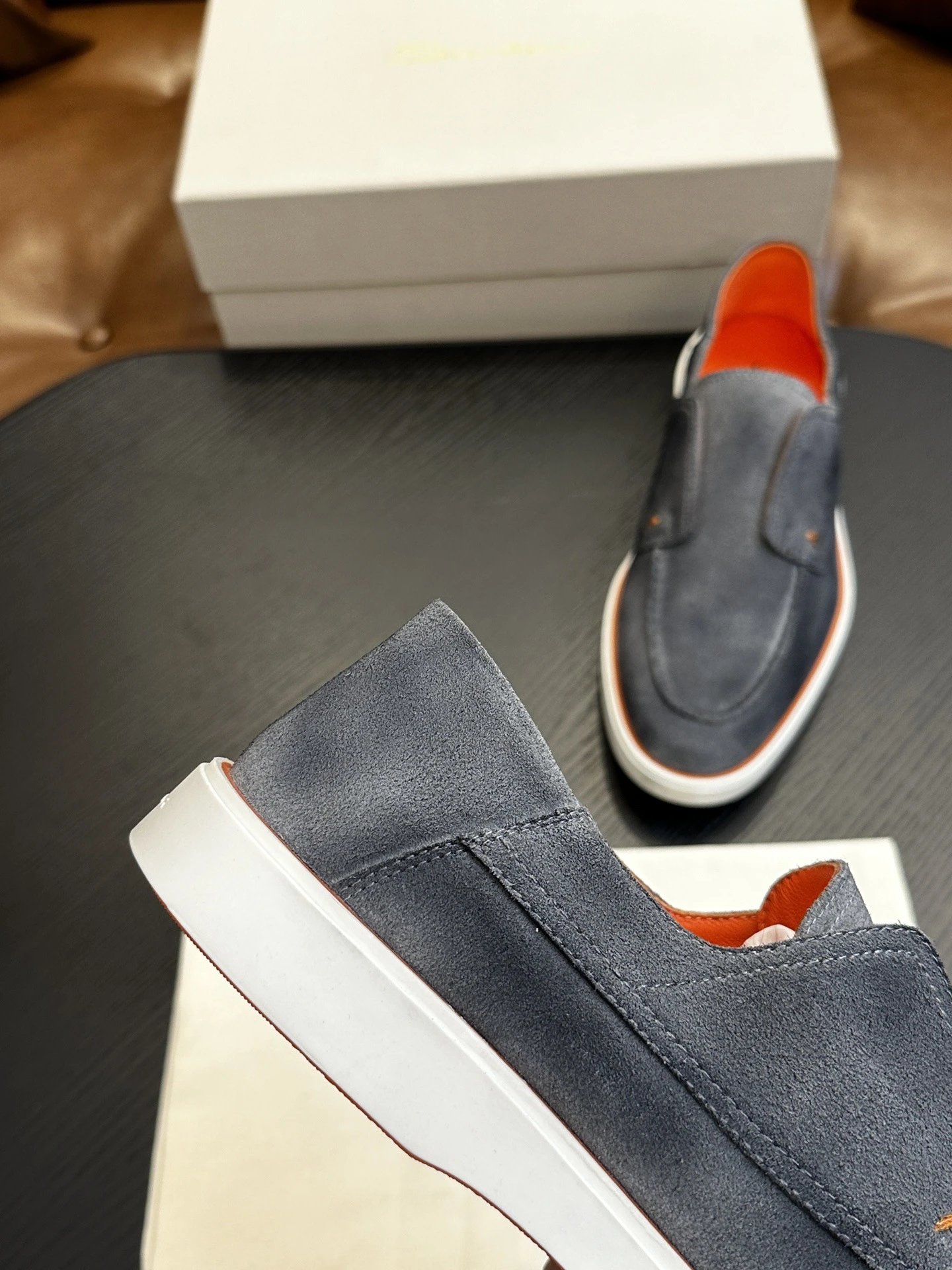 Design Santoni Loafer Slip-On Olive Green Suede with Orange Sole Casual Shoes Loafers - 11