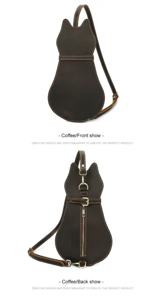 Design Cat-Shaped Leather Crossbody Bag Black - 10