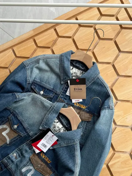 Evisu Custom Wash Denim Jacket with M Logo Patchwork Blue - 5