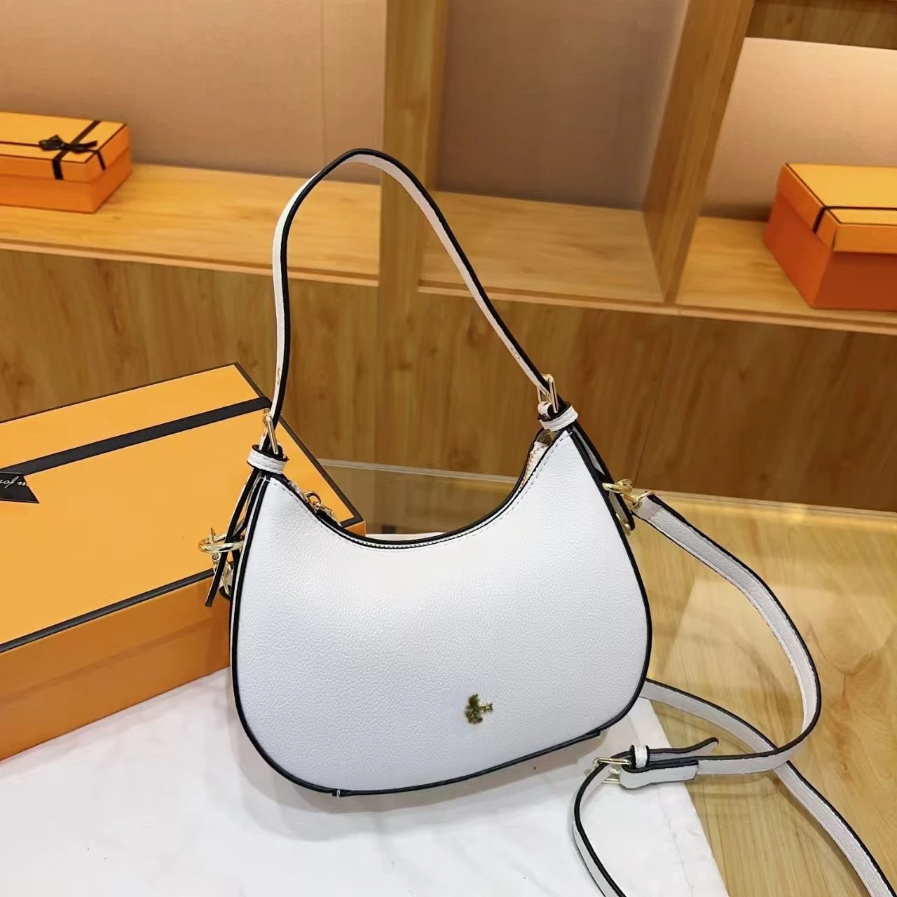 Design Hobo Bag White with Black Trim Shoulder Bag