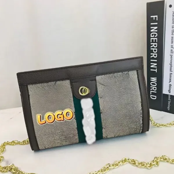 Design Logo Print Chain Crossbody Bag Gray Green Black - 7