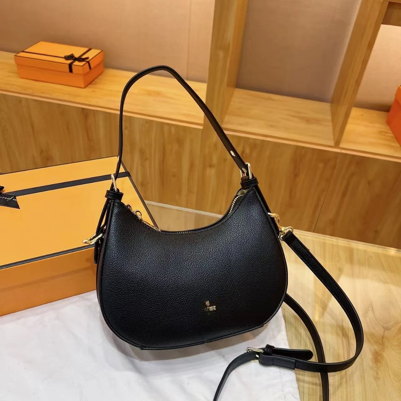 Design Crescent Moon Black Leather Hobo Bag