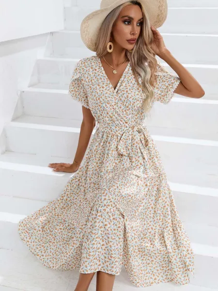 Design Floral Wrap Midi Dress Black White - 12