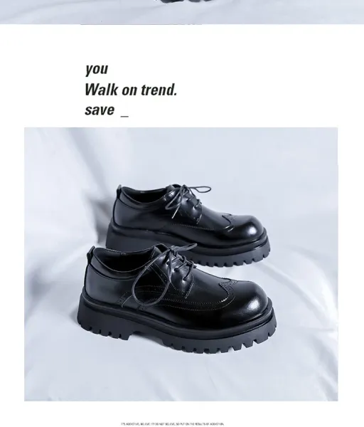 Design Brogue Platform Oxford Black Leather Shoes - 3