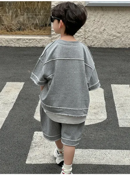 Design Oversized Frayed Hem Gray Set with Cassette Necklace and Chunky Sneakers Casual Set - 7