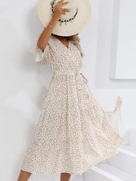Design Floral Wrap Midi Dress Black White - 14