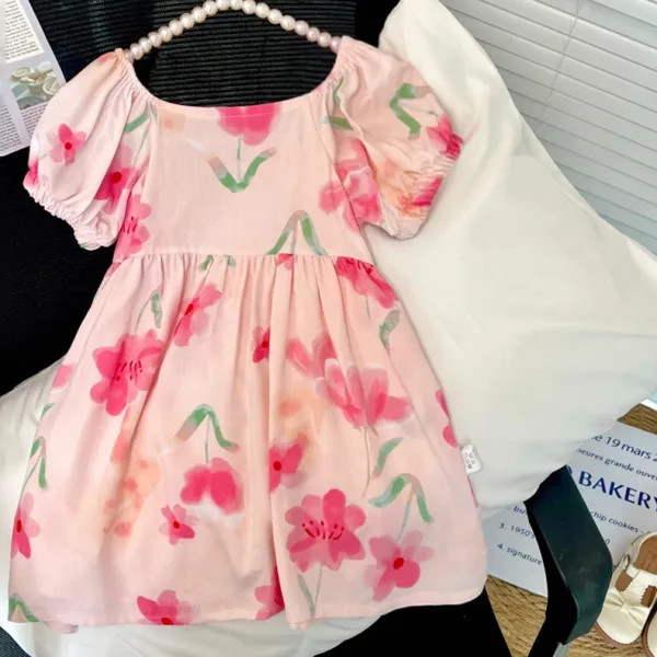 Design Floral Print Puff-Sleeve Smocked Dress in Pink Dress - 6