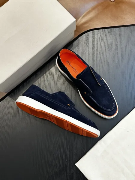 Design Santoni Loafer Slip-On Olive Green Suede with Orange Sole Casual Shoes Loafers - 19
