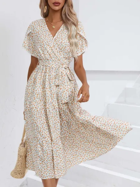 Design Floral Wrap Midi Dress Black White - 16