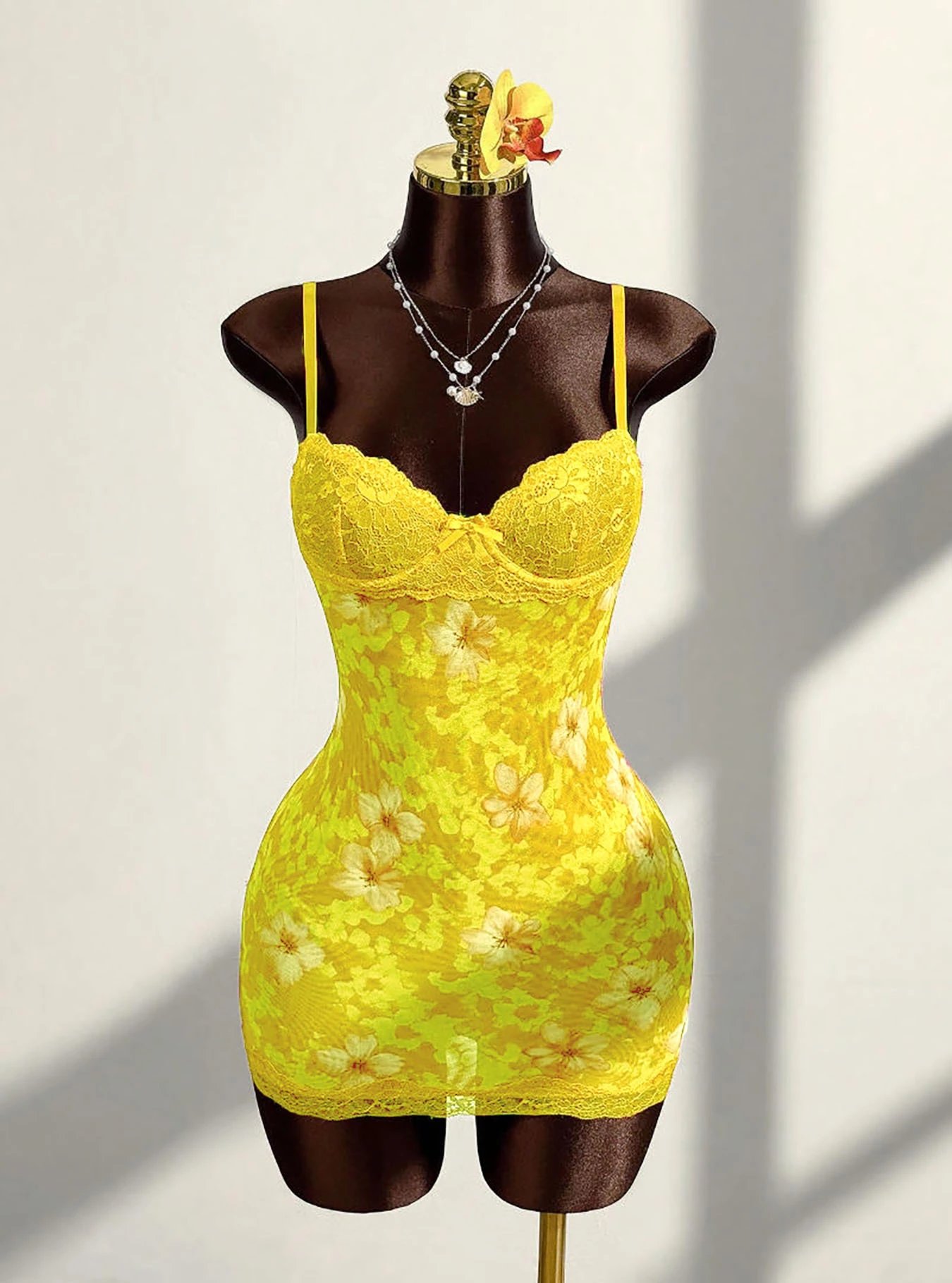 Design Leopard Print Lace Trim Bodysuit Yellow Underwear - 24