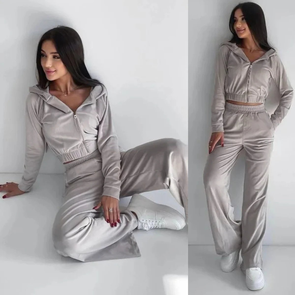 Design Velour Cropped Hoodie and Wide-Leg Pants Set Silver Gray - 7