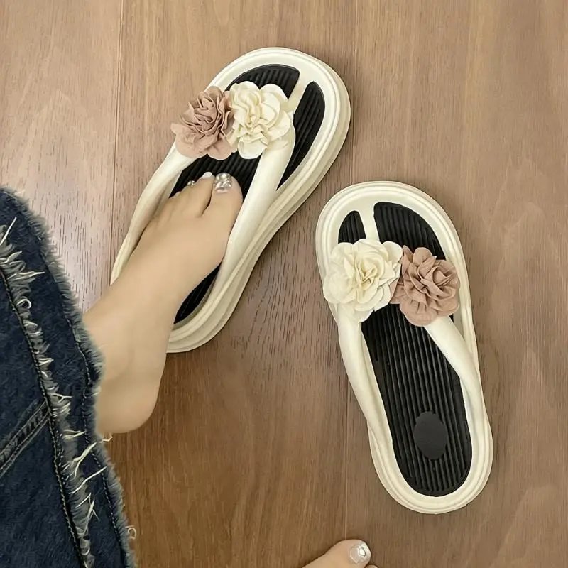 Design Floral Embellished Chunky Flip-Flops Beige and Dusty Rose Sandals Slippers